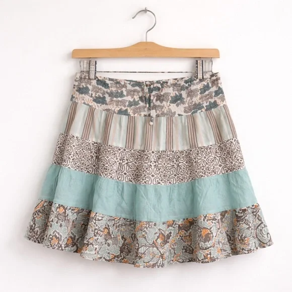 Columbia Spring Boho 100% Cotton Gauze Tiered Mini Skirt Blue Brown Size M - Picture 2 of 11